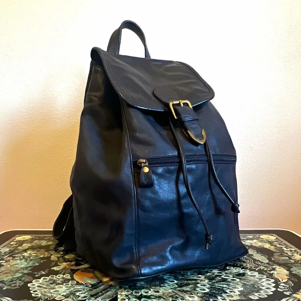 Virginia Slims V Wear Black Drawstring Backpack w/ Buckle Flap, Pockets Vintage